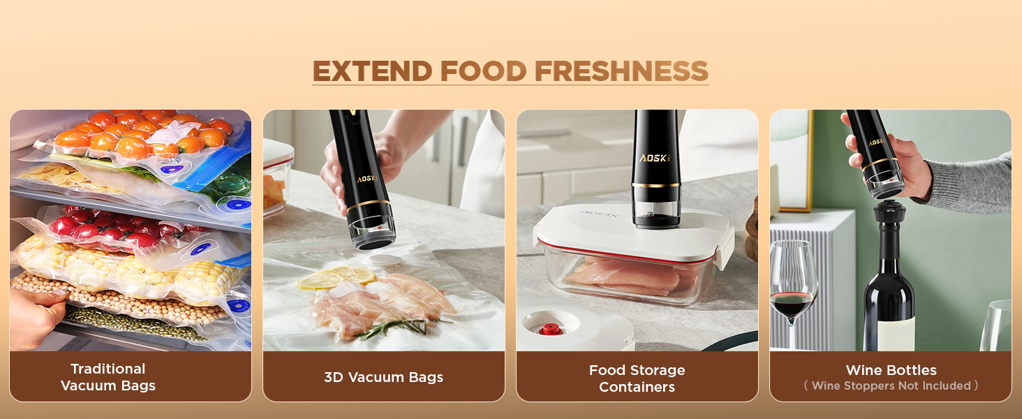 Vacuum sealer used with bags, containers and wine bottles to extend freshness across various foods.