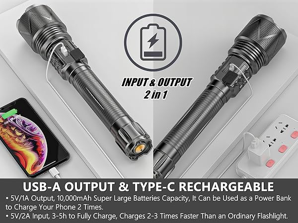 Type-C Charging with Emergency Powerbank Function, Rechargeable Flashlight Can Charge Your Phone.