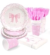 PCLMLES Pink Bow Plates Party Supplies - 168Pcs Pink Bow Birthday Party Decorations Bow Paper Pla...