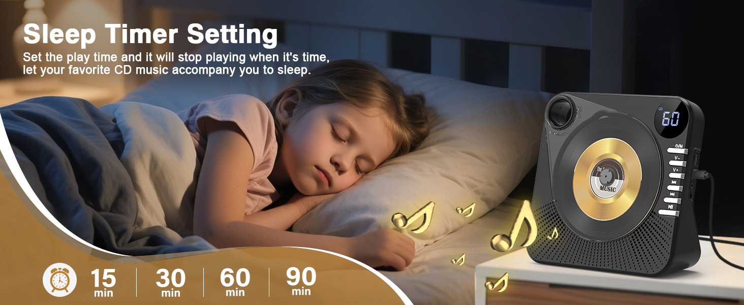 Text reads 'Sleep Timer Setting' with circular icons showing 15, 30, 60, 90 minute intervals. Small speaker device shown against image of person sleeping in bed.