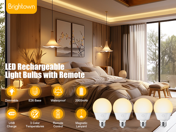 Brightown E26 Rechargeable Light Bulb with Remote