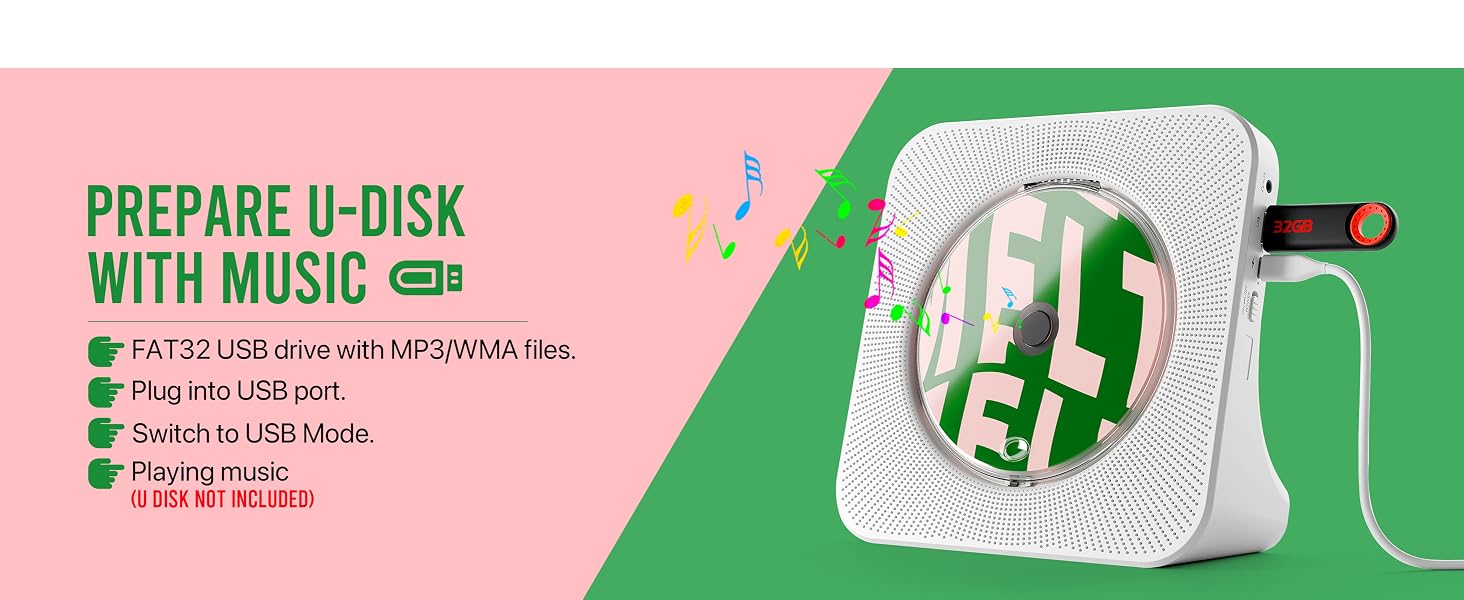 Desktop CD player with USB port playing MP3 and WMA files from U-disk flash drive on desk
