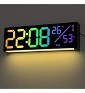 JoFomp 12" RGB Color LED Digital Wall Clock with Remote Control, Seconds Display, Plug-in Digital...