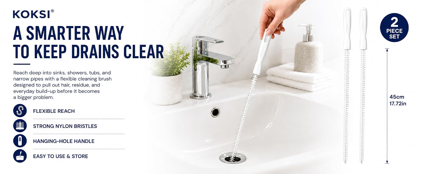 2 piece flexible drain brush set for sinks, showers, tubs and narrow pipes with hanging-hole handle