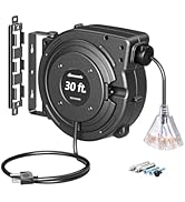 DEWENWILS 30FT Retractable Extension Cord Reel, 16/3C SJTW Heavy Duty Power Cord, Lighted Triple ...