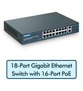 YuanLey 18 Port Gigabit PoE Switch, 16 PoE+ Port 1000Mbps, 2 Gigabit Uplink, 250W 802.3af/at, Met...