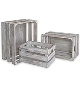 EMAX HOME Set of 3 Vintage Rustic Grey Wood Decorative Nesting Storage Crates with Handles, Farmh...