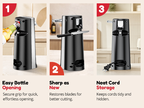 NK-0709 Multi-use can opener: bottle opener, knife sharpening slot &amp;amp;amp; concealed cord storage