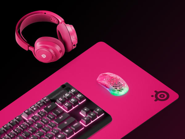 Coordinated magenta pink mousepad, mouse, keyboard and headset