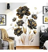 decalmile Large Black Gold Flower Wall Stickers Floral Gold Leaves Plants Butterfly Wall Decals B...