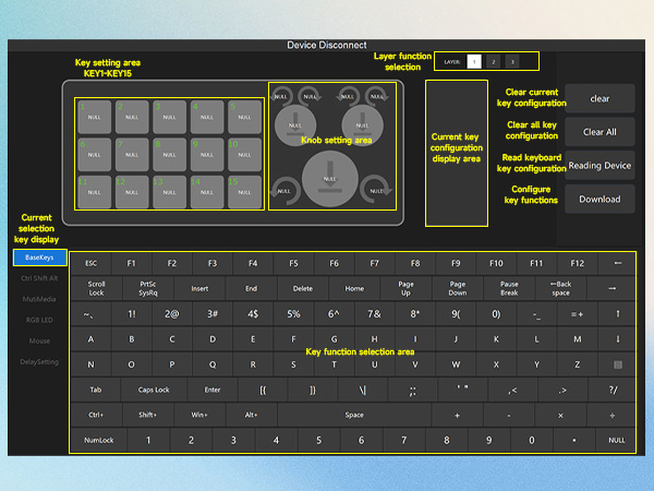 Complex interface layout with multiple sections including a grid of buttons, sliders, and a keyboard-like arrangement of keys and controls.