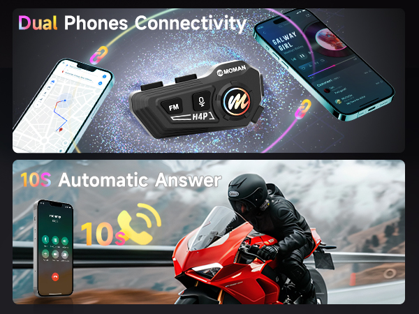 Text reads 'Dual Phones Connectivity' and 'Automatic Answer'. Product banner showing wireless connectivity features with smartphone and gaming devices.