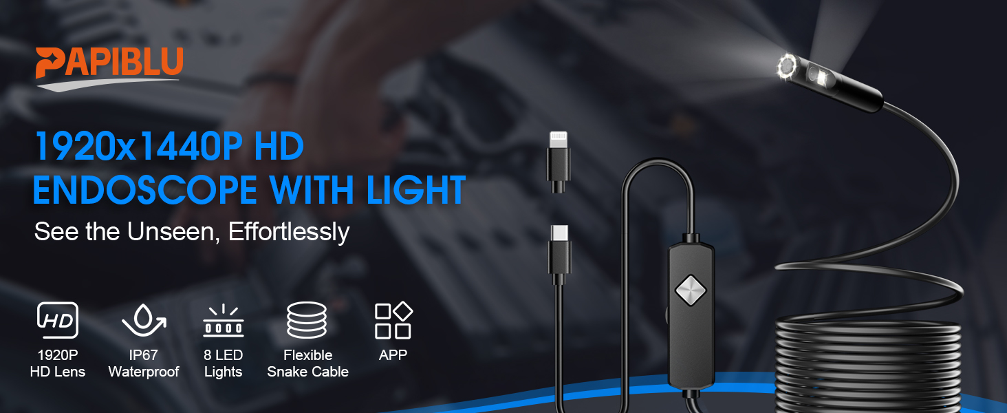 Endoscope with Light, 1920P HD Borescope with 8 Adjustable LED Lights 1