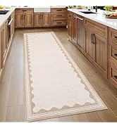 Scalloped 2x6 Runner Rug for Hallway Washable Kitchen Rugs Non Slip Solid Beige Modern Soft Low-P...