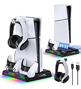 FASTSNAIL Vertical Stand with Cooling Fan for PS5 Slim Digital/Disc, Controller Charging Station ...