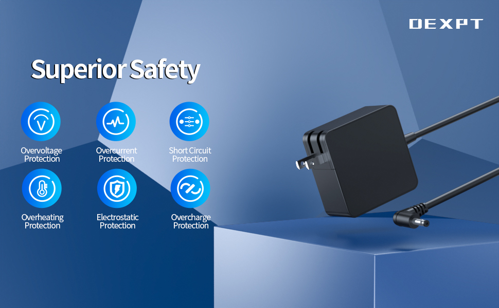 A power adapter with icons showing multiple safety protections.