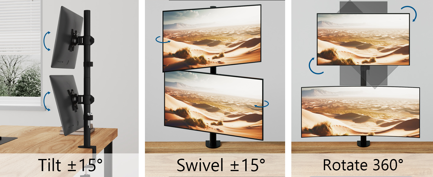 Adjustable monitor stand demonstrating tilt, swivel, and rotation features. Multiple images show range of movement for a desktop computer screen.
