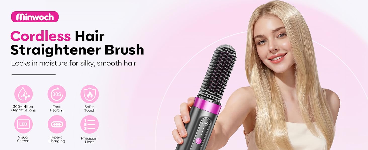 Minwoch Cordless Hair Straightener Brush with Negative Ions, Fast Heating, Anti-Scald