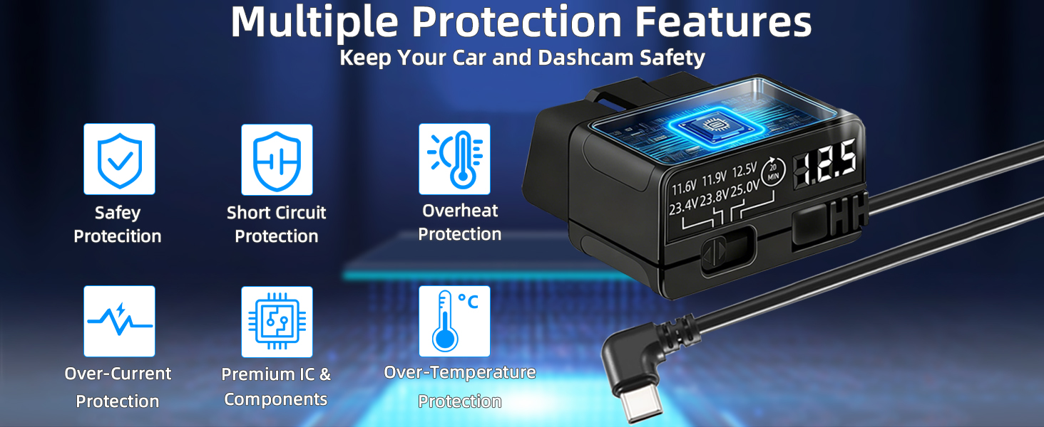 OBD2 to USB C Power Cable for Dash Cam, Plug and Play Dashcam Hardwire Kit with LED Voltmeter