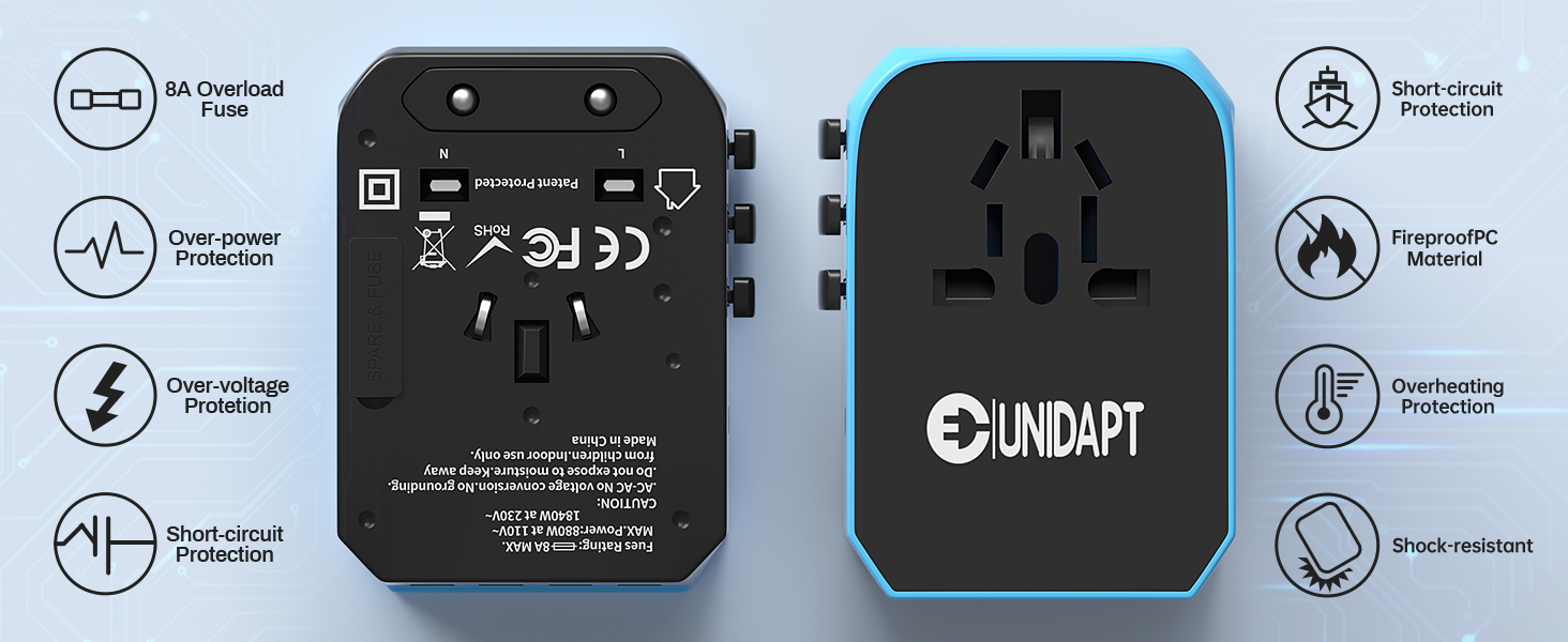 Very safe travel adapter that is fireproof with safety shutters and 8A fuse