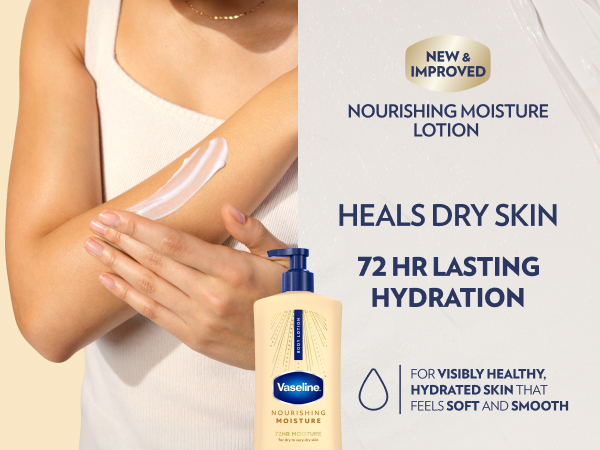 Woman applying Nourishing Moisture Body Lotion to her arm next to text 72 hr lasting hydration.