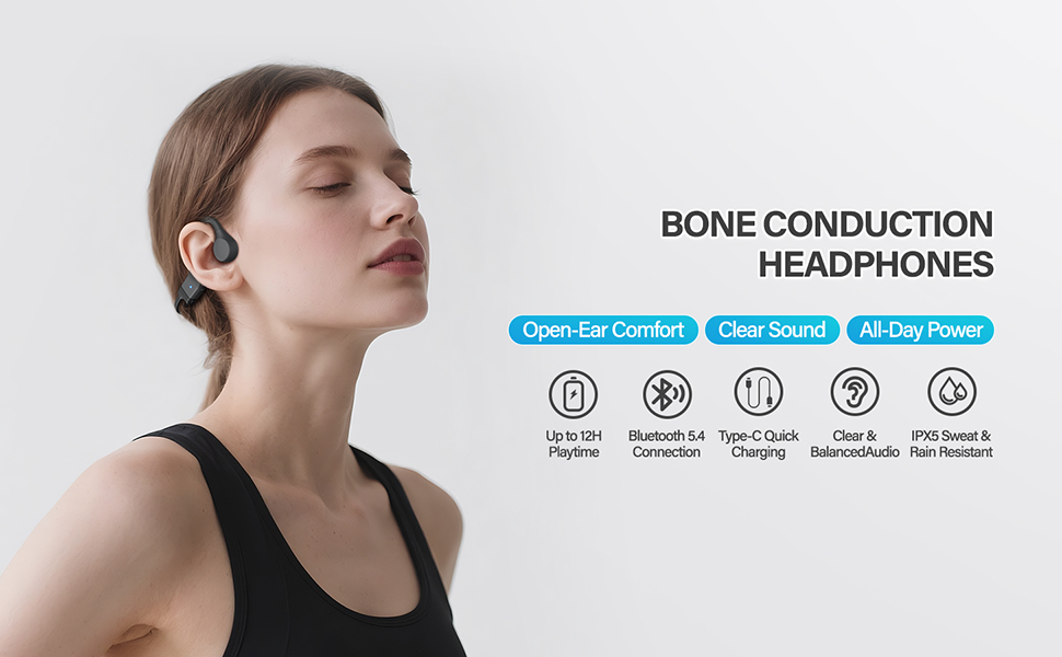 Open-ear bone conduction headphones, lightweight comfort for fitness and daily use