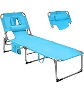 Goplus Tanning Chair, Folding Beach Lounge Chair with Face&amp;Arm Hole,5-Position Adjustable,Removab...