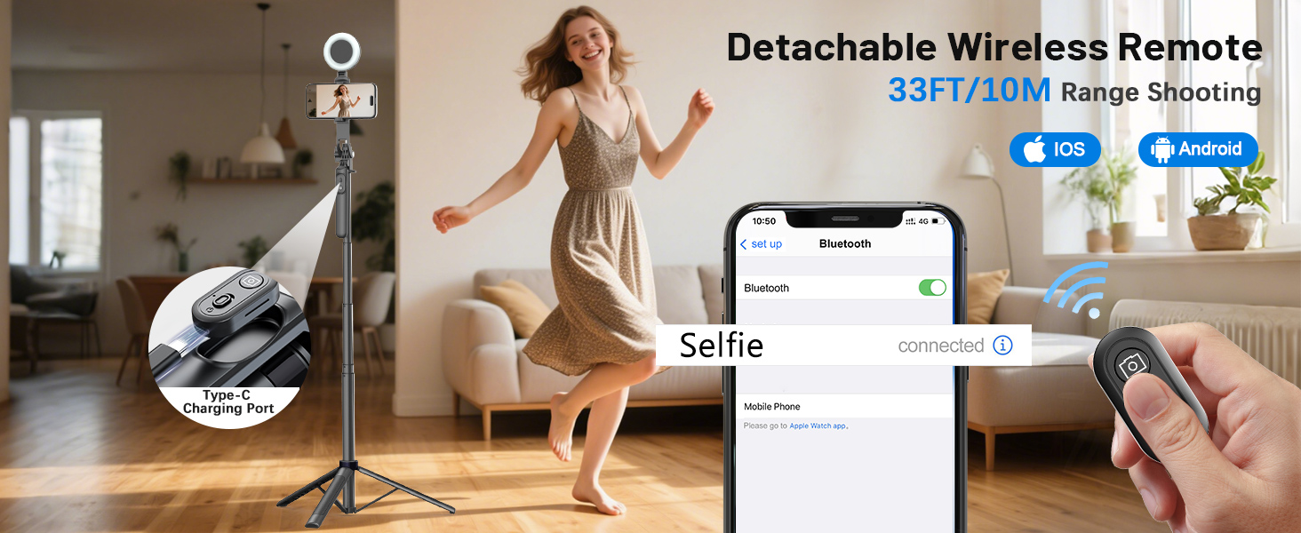 selfie stick tripod with detachable wireless remote for iphone, phone tripod stand