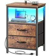 Huuger Night Stand with Charger Station and LED Lights, 2 Drawer Nightstand, Bed Side Table with ...