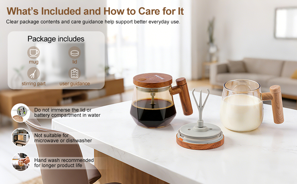 Self stirring mug set with lid accessories and care instructions