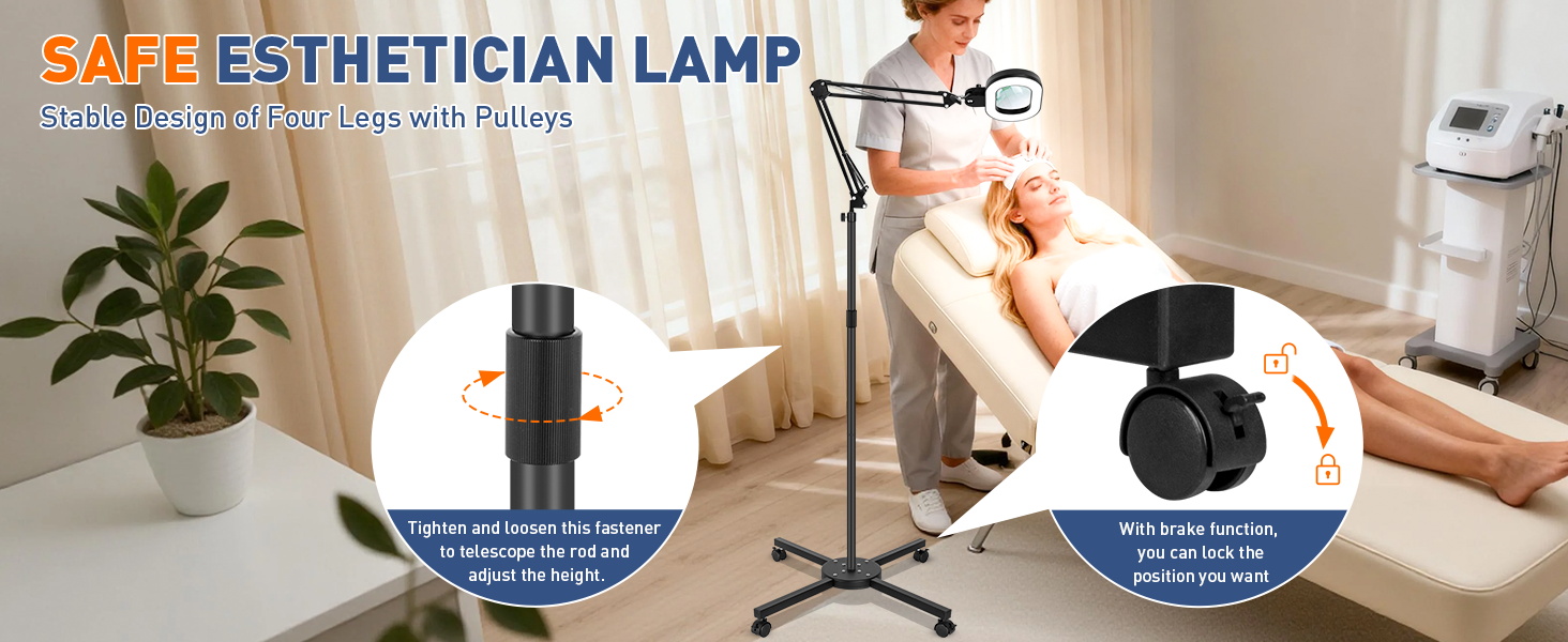 large magnifying glass with light magnifying stand Extension and lengthening rod with brake wheel