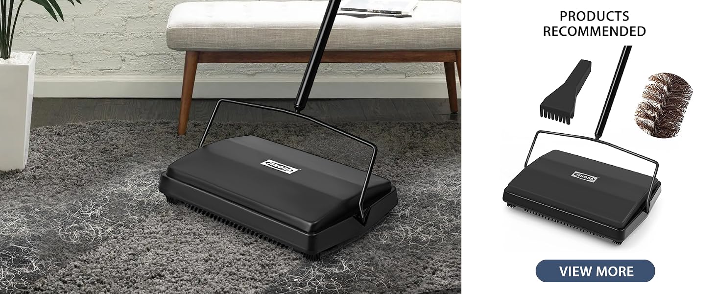 Manual carpet sweeper in black with long handle shown on carpet, with additional cleaning attachments displayed in side panel.