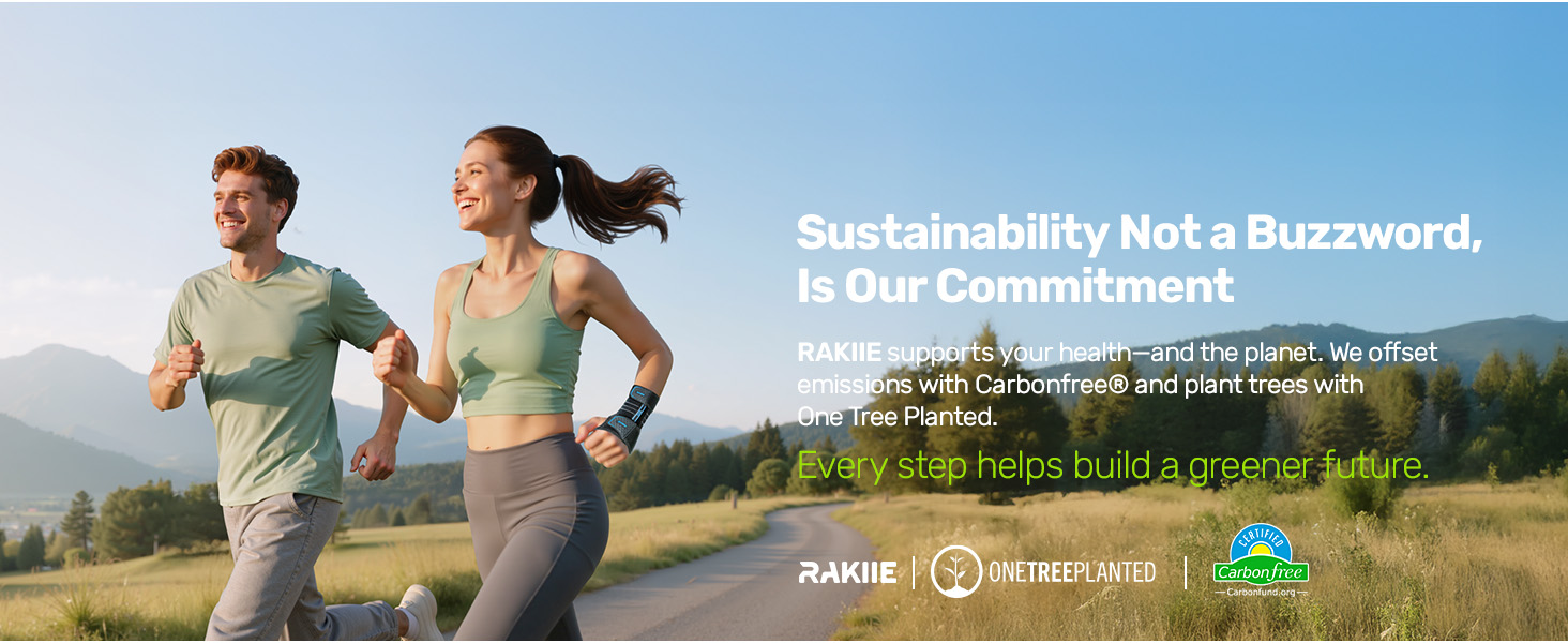 Outdoor athletic scene with sustainability message overlaid, showing runners on a nature trail against blue sky background.