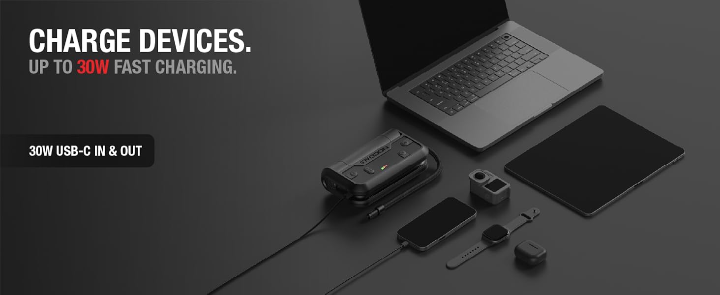 portable powerbank charger with 30w pd in and out fast charge smartphones tablets usb-c devices