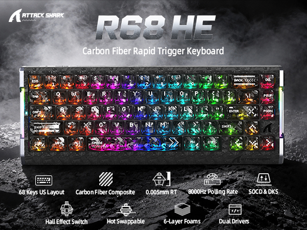 ATTACK SHARK R68 HE 60% Wired Rapid Trigger 8K Mechanical RGB Gaming Keyboard with 0.005mm Accuracy