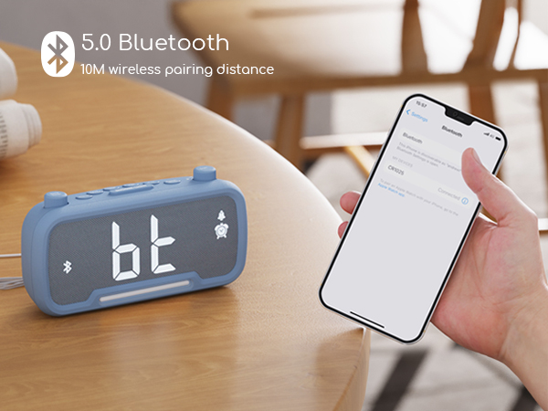 Bluetooth 5.0 digital alarm clock with LED display shown alongside smartphone app interface for wireless control.