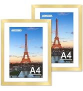 FIXSMITH A4 Picture Frame Set of 2, Gold Photo Frame with HD Plexiglass, Display Pictures 6x8 wit...