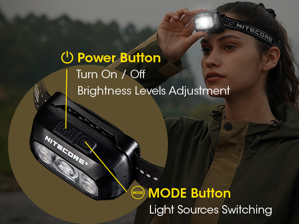 A woman wears the NU30, a close up of the NU30 shows the two-button interface. 