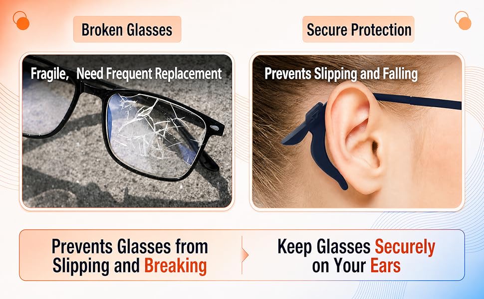 Soft silicone ear grips to stop glasses from sliding, size specifications