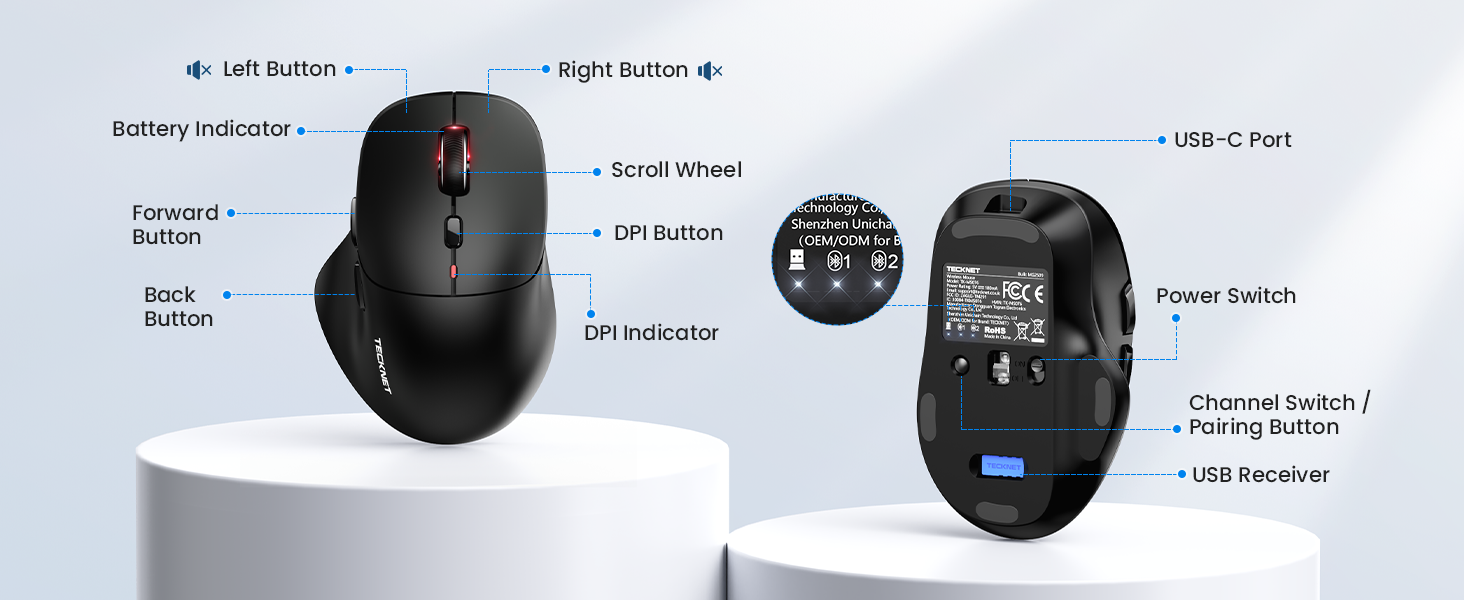 Technical diagram of a computer mouse showing labeled components including 'Left Button', 'Right Button', 'Scroll Wheel', 'USB Port', 'DPI Indicator', 'USB Receiver', and 'Power Switch'.