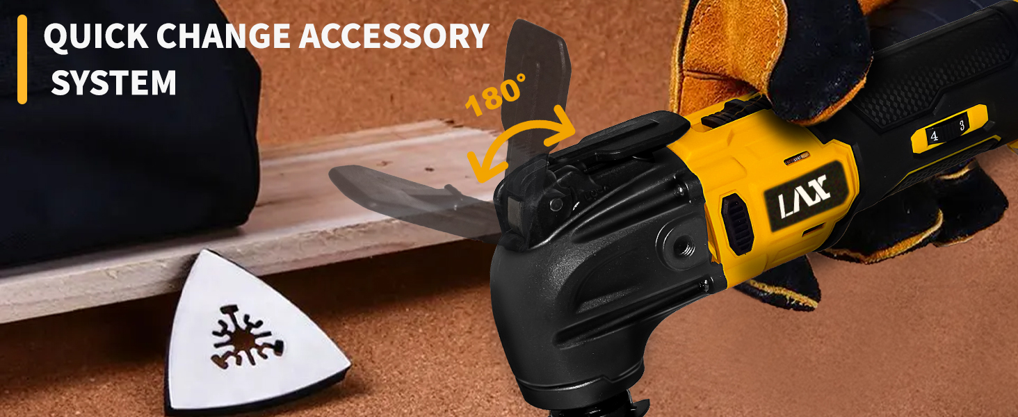 Yellow and black power tool with oscillating head demonstrating 180-degree rotation. Quick-change accessory system visible with triangular sanding attachment nearby.