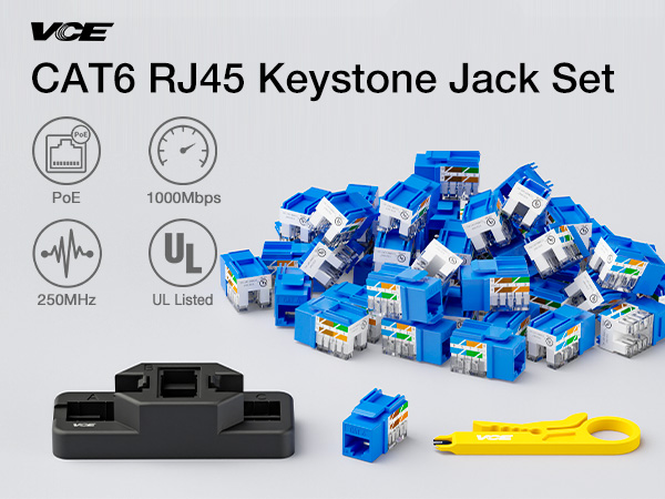 UL-listed cat6 keystone jacks 50 pack with punch down stand tool and wire stripper cutter