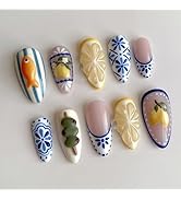 30Pcs Summer Press on Nails Almond Medium Fake Nails 3D Cute Fish Lemon Design, Blue White Summer...