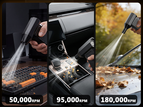Text reads: '50,000 RPM, 95,000 RPM, 180,000 RPM'. Three panel image showing high-pressure water cleaning at different power settings.