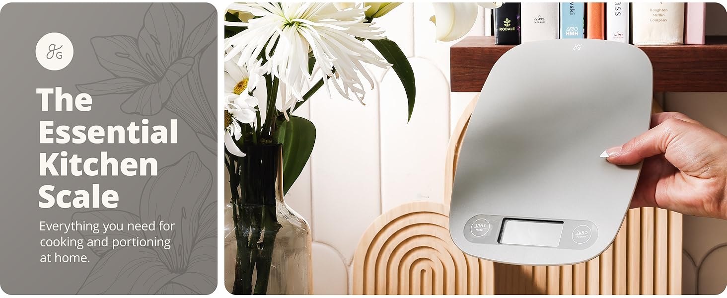 Greater Goods Essential Kitchen Scale, Holding Scale in Hand, Gray