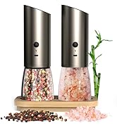 Gravity Electric Salt and Pepper Grinder Set with Bamboo Base, LED Light, Adjustable Coarseness –...