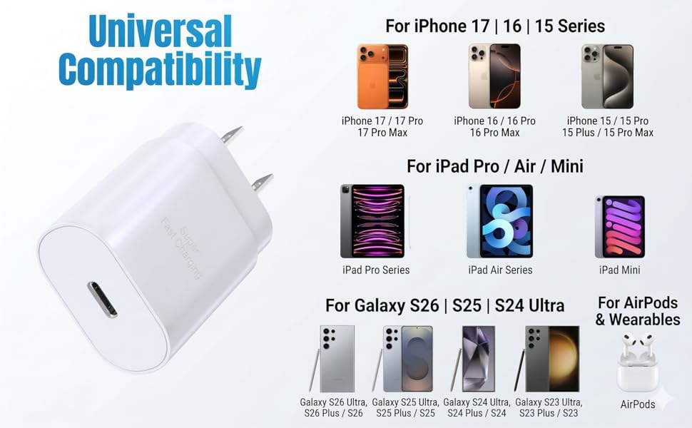 USB C Fast Charger for iPhone 17 16 15 Pro Max, Galaxy S26 S25 S24 Ultra, iPad Pro, AirPods Plug