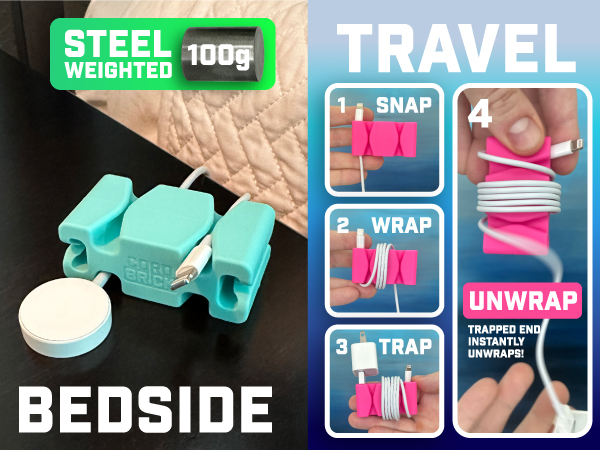 Steel weighted bedside cord holder. Snap, wrap, trap, unwrap for travel banner 2 mobile