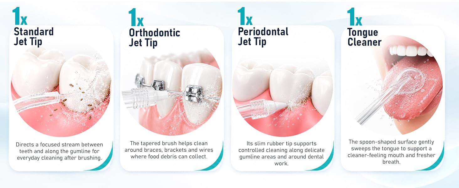Four (4) Specialized Water Flosser Tips for More Complete Daily Oral Care