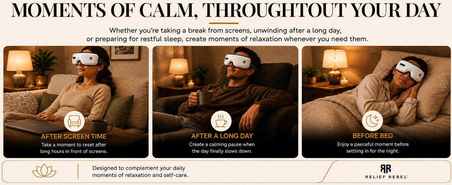 Relief Rebel eye massager for screen breaks, evening relaxation and bedtime comfort